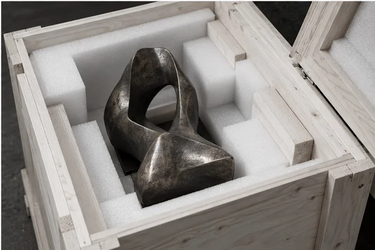 Illustration : Sculpture protégée par un calage dans une caisse en bois