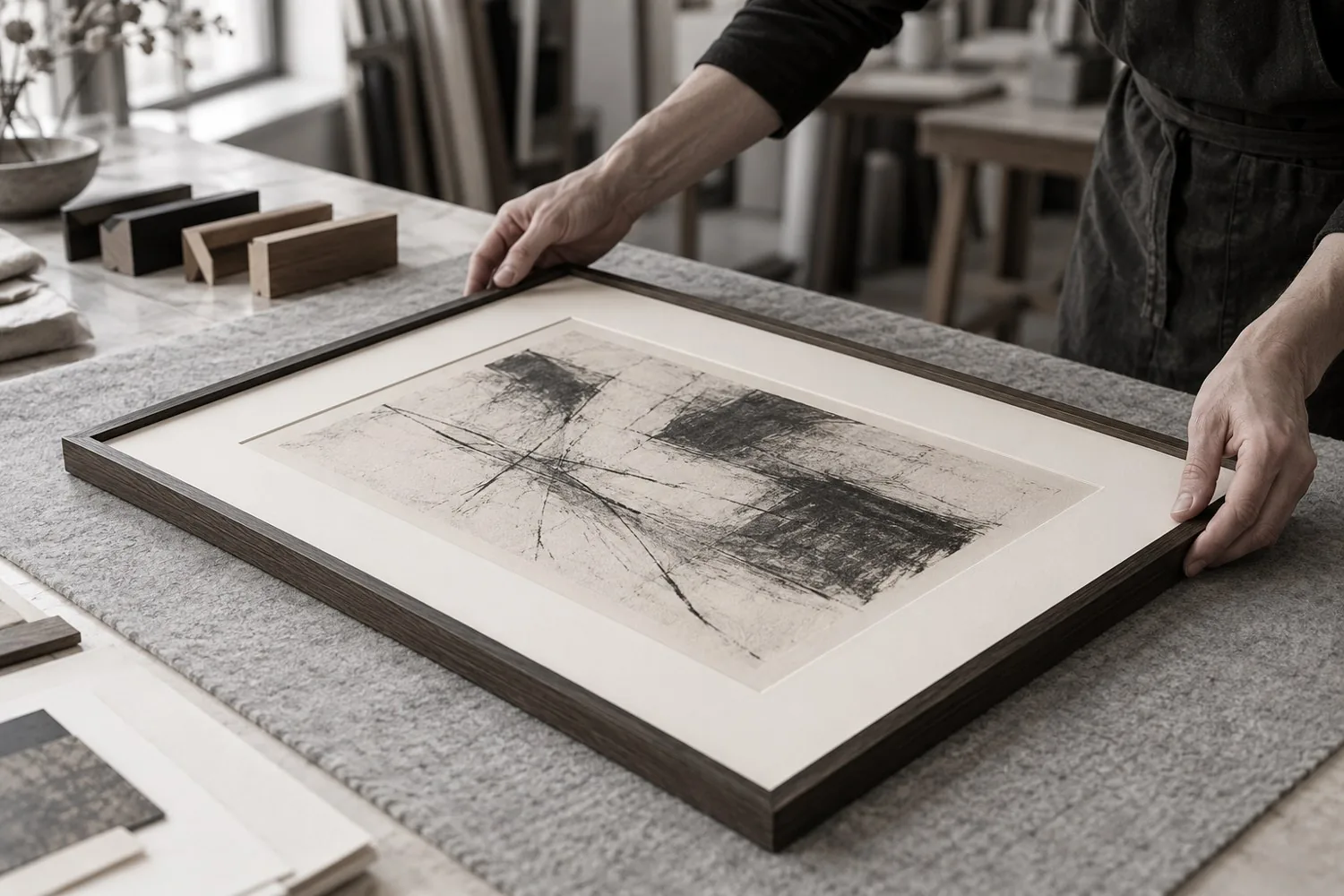 Illustration : présentation d’un dessin dans un cadre en bois avec passe-partout