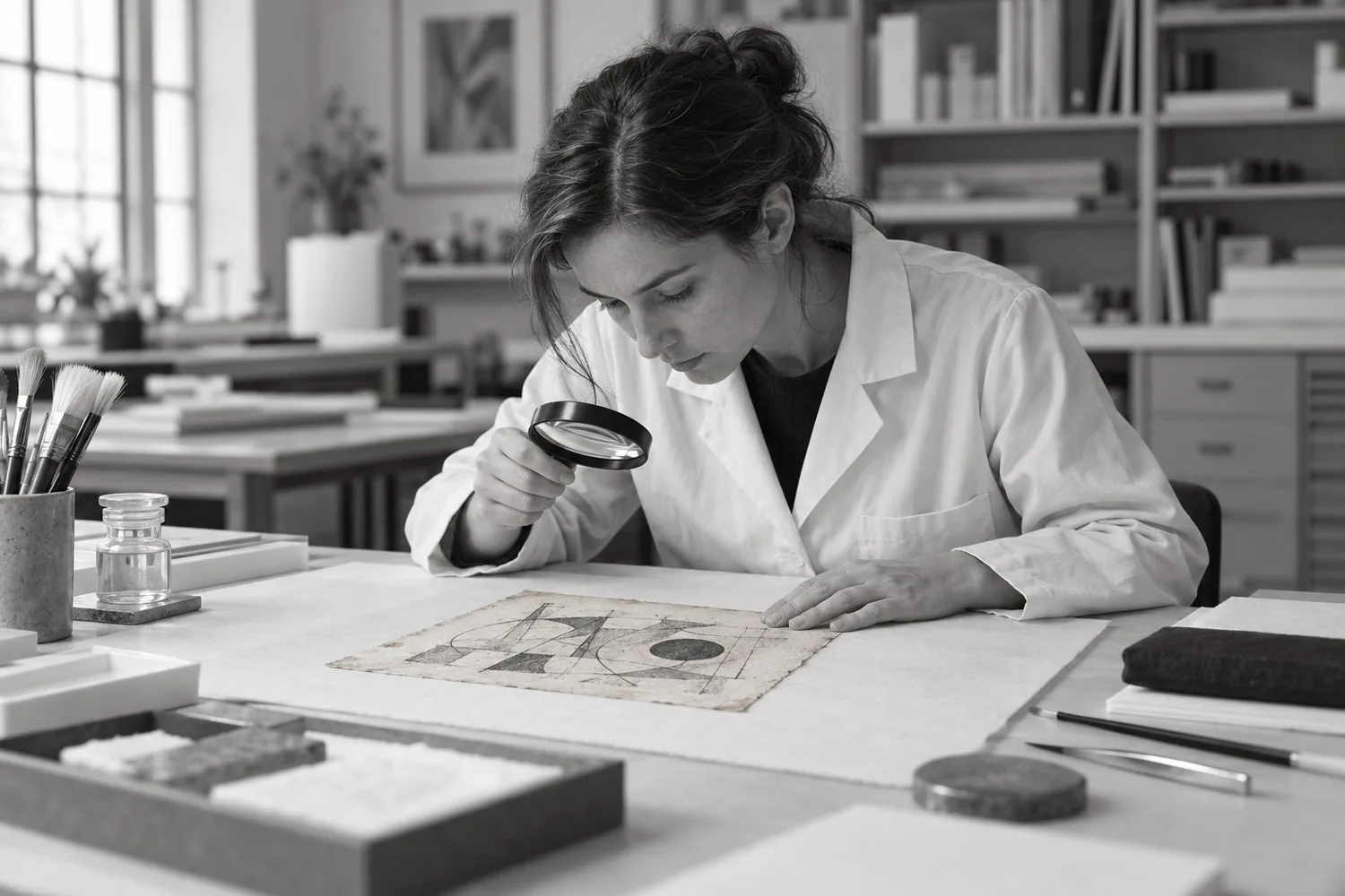 Illustration : examen d’une œuvre sur papier en atelier