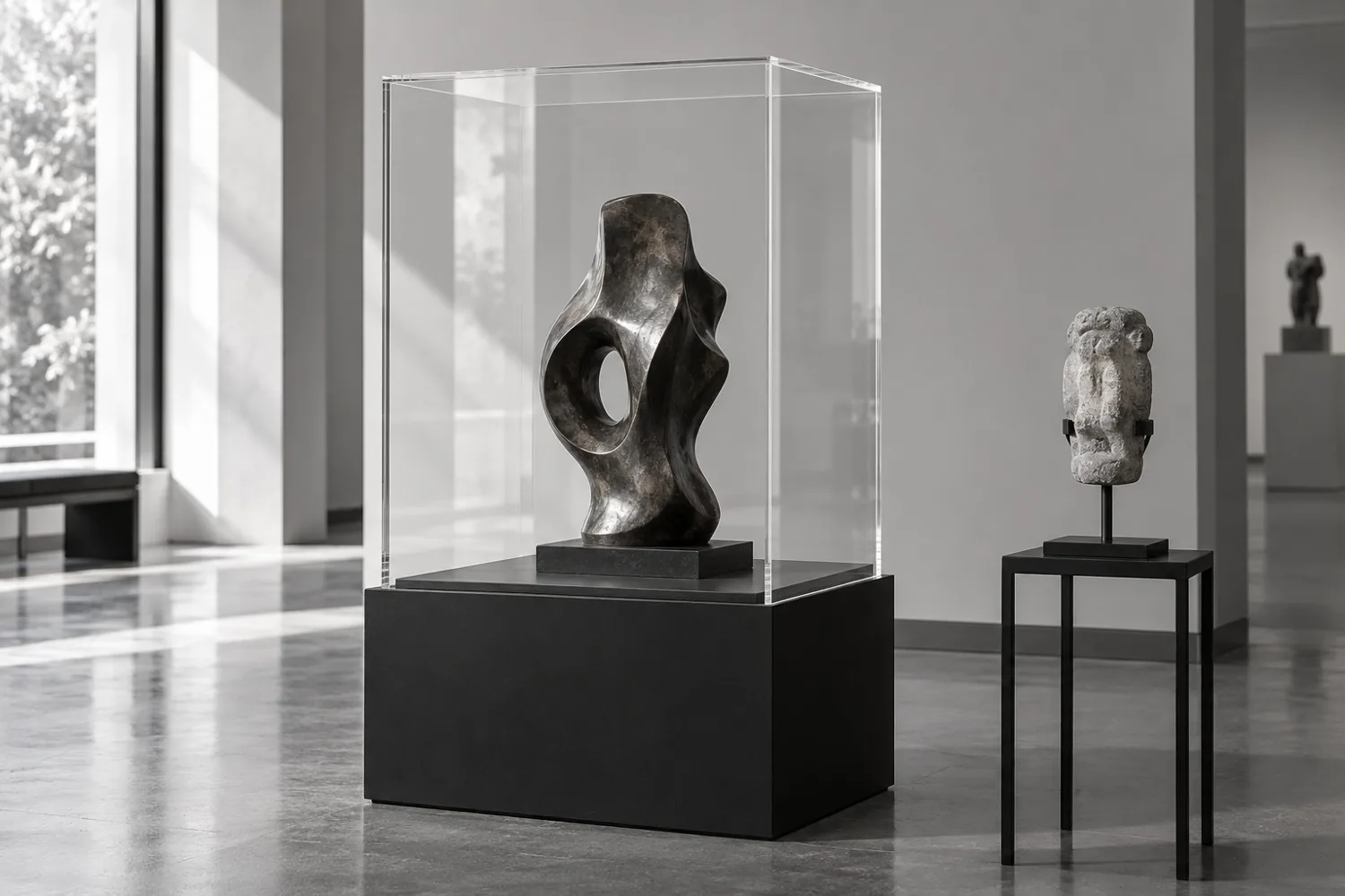 Illustration : sculpture sur socle sous un capot en plexiglas et objet sur support